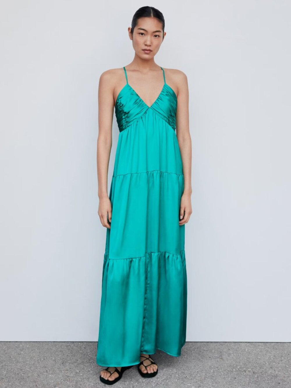 NWT MANGO Ruched Satin Turquoise Maxi Dress